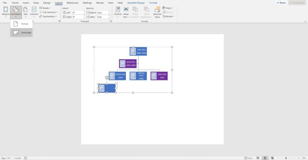 Screenshot of an open word document using a  hierarchy chart as a family tree showing how to change from portrait view to landscape