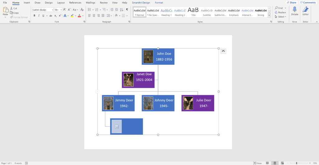 Screenshot of an open word document using a  hierarchy chart as a family tree showing how to adjust the size of the family tree