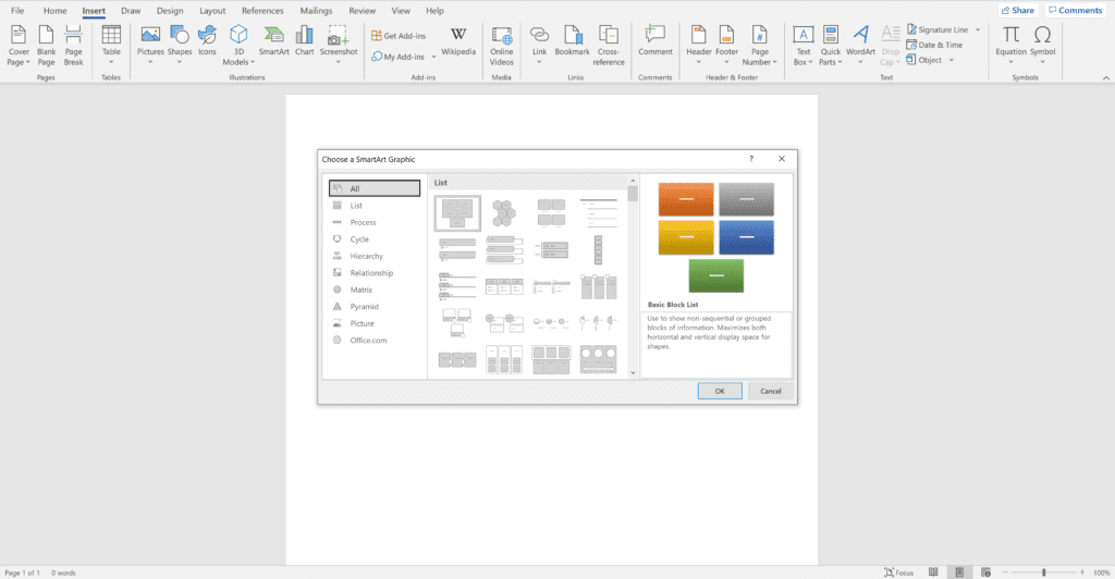 Screen shot of an open word document showing how to insert a smart graphic