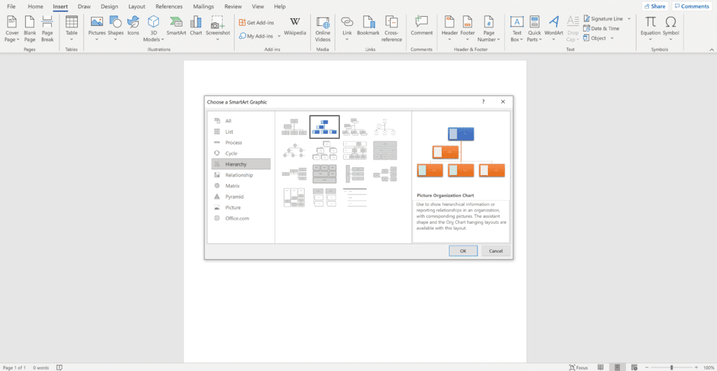 Screenshot of an open word document showing how to insert a Hierarchy chart