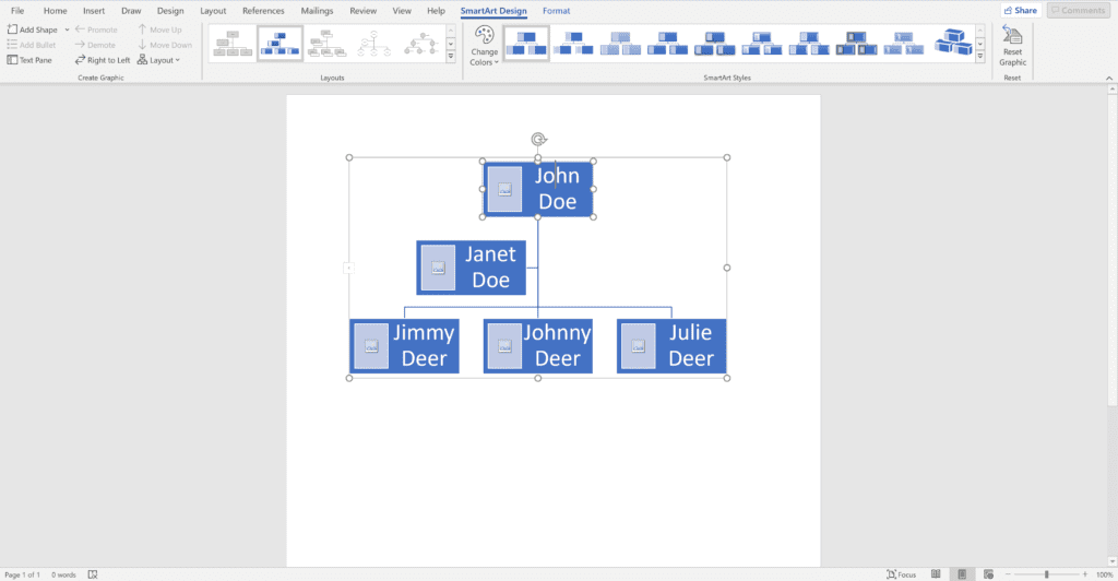 Screenshot of an open word document using a  hierarchy chart as a family tree