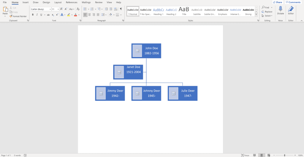 Screenshot of an open word document using a  hierarchy chart as a family tree showing how to add more details