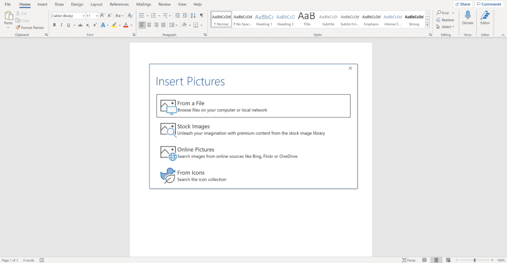 Screenshot of an open word document using a  hierarchy chart as a family tree showing how to add images