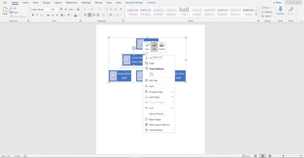 Screenshot of an open word document using a  hierarchy chart as a family tree showing how to change block colors to represent family members gender