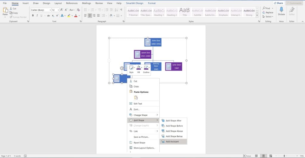 Screenshot of an open word document using a  hierarchy chart as a family tree showing how to add more generations