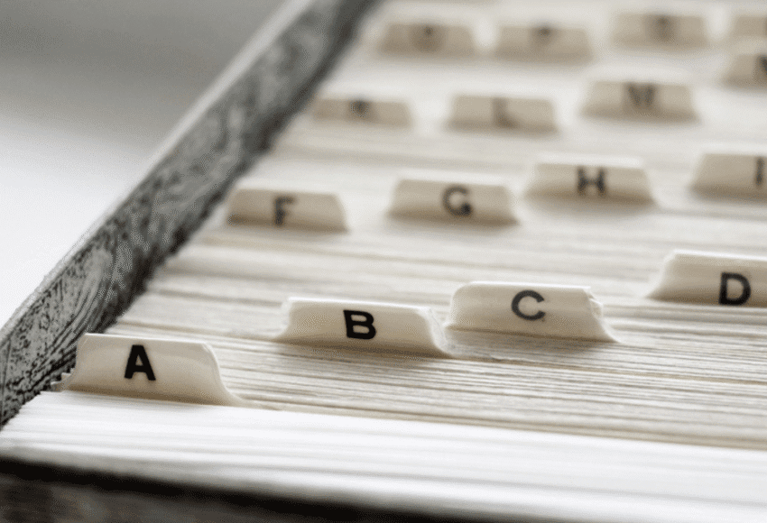 Close up of file box with alphabet tabs